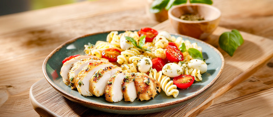 Hähnchen-Minutenschnitzel mit Mozzarella-Nudelsalat