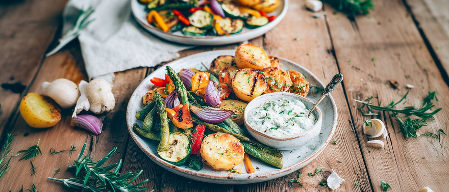 Gebratenes Sommergemüse mit Kräuter-Joghurt-Dip und Rosmarinkartoffeln