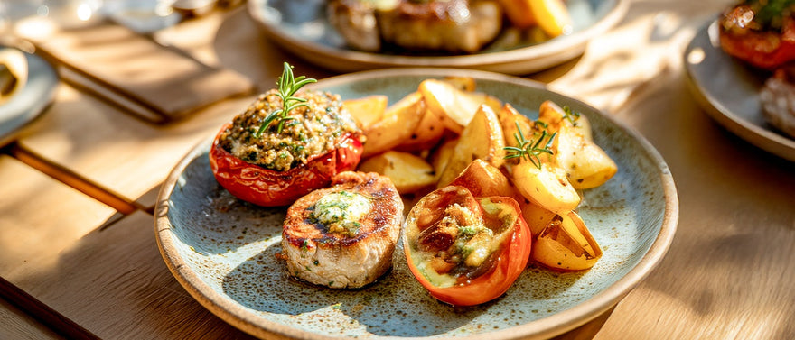 Provenzalische Tomaten mit Schweinemedaillons und Kartoffelschiffchen