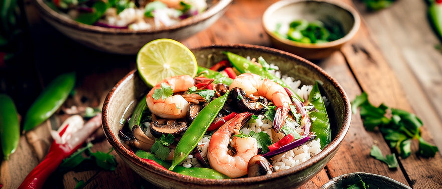 Asiatischer Reissalat mit Zuckerschoten und Garnelen
