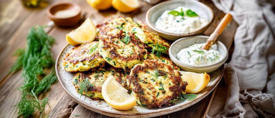 Gegrillte Zucchiniküchle mit Zitronen-Zaziki