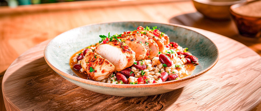 Hühnchen "spicy" mit Bohnen und Graupen