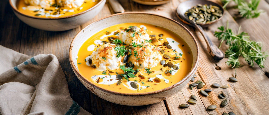Kürbiscremesuppe mit Ziegenkäseklößchen