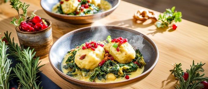 Brezenknödel auf herbstlichem Wirsing-Kartoffelgemüse
