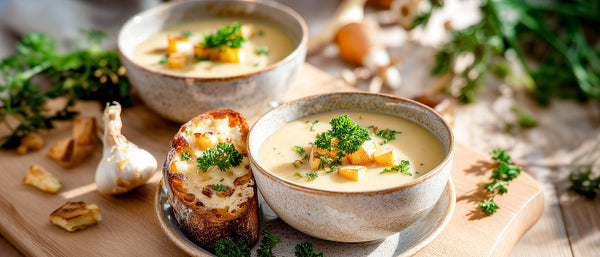 Gemüsecremesuppe mit Pastinaken und überbackenem Zwiebelbrot