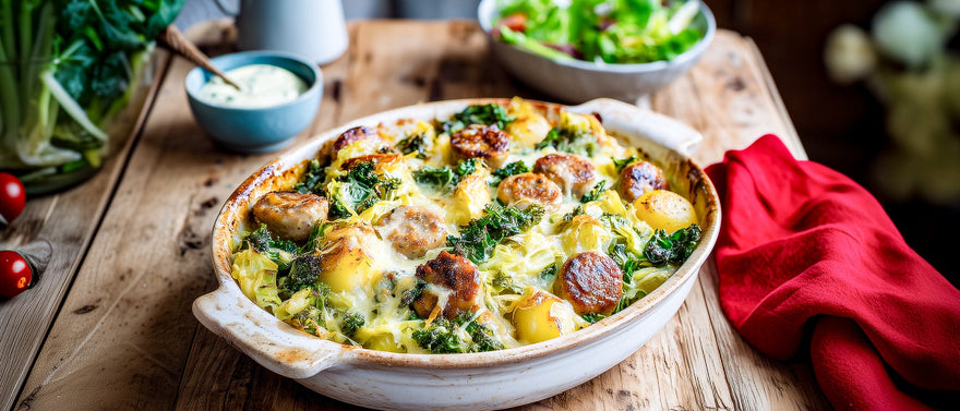 Wirsingkartoffelauflauf mit Bratwurst