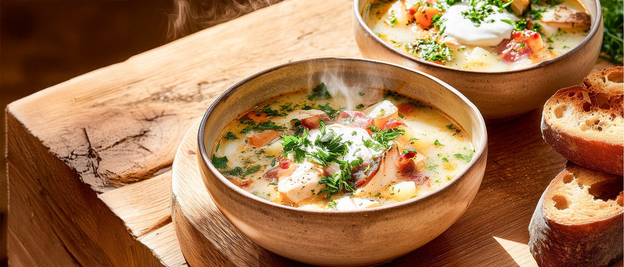 Cremige Wurzelgemüsesuppe mit Huhn und Speck