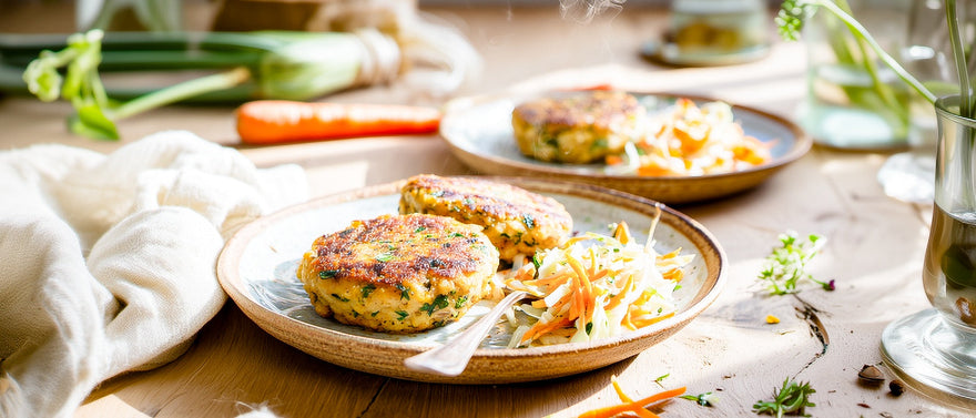 Grünkernbratlinge mit Möhren-Weißkohlsalat