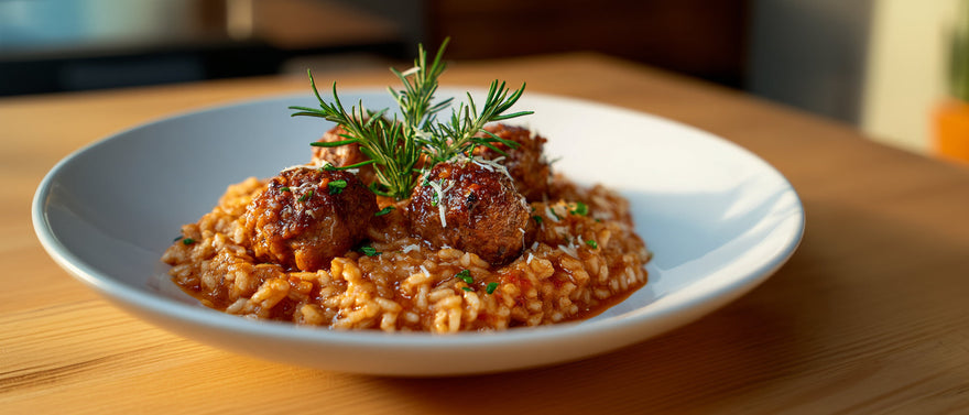 Würzige Risotto-Pfanne mit Rosmarin-Hackbällchen