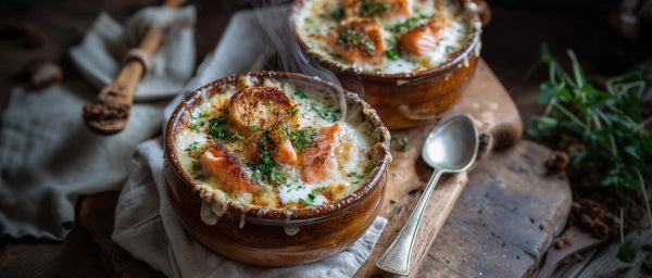 Gratinierte Kartoffelsuppe mit geräucherter Forelle