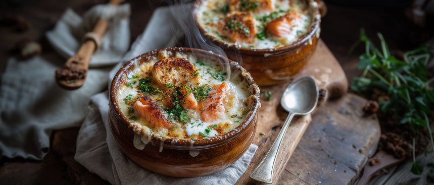 Gratinierte Kartoffelsuppe mit geräucherter Forelle