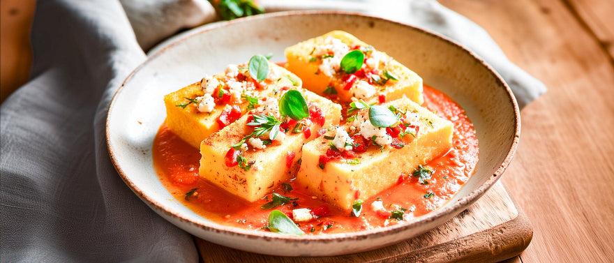 Gebratene Paprikapolenta mit Schafskäse auf Lauchzwiebel- Tomatensugo
