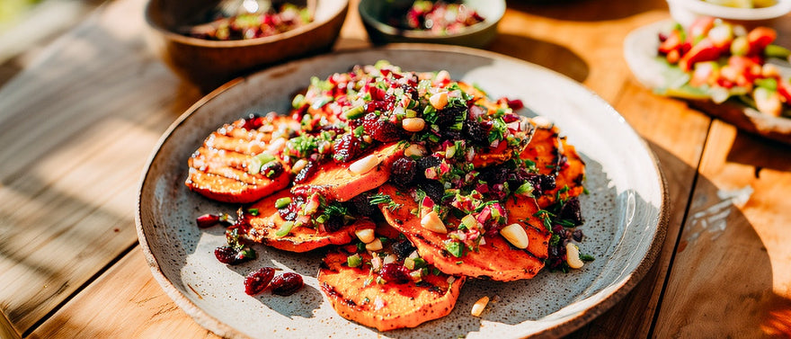 Gegrillte Süßkartoffeln mit Kirsch-Macadamia-Salsa