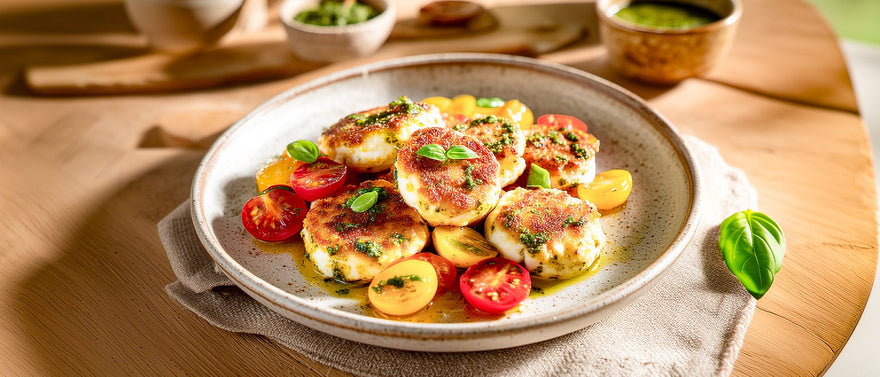 Gebratener Ricotta auf Pesto-Tomatensalat