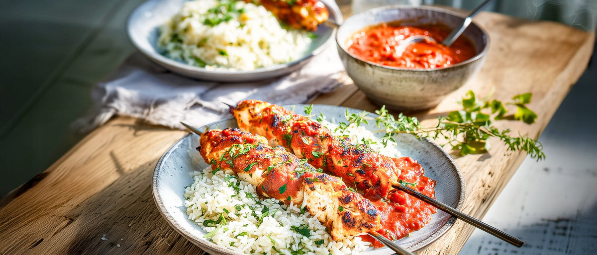Geflügelspieße mit Reis und Tomatensoße