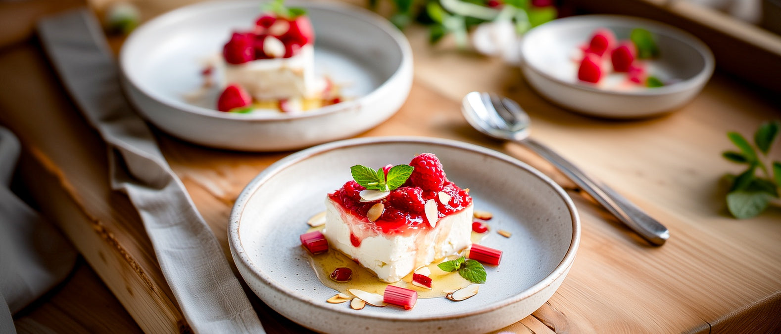 Weißes Honig-Schokoladenparfait mit Rhabarber