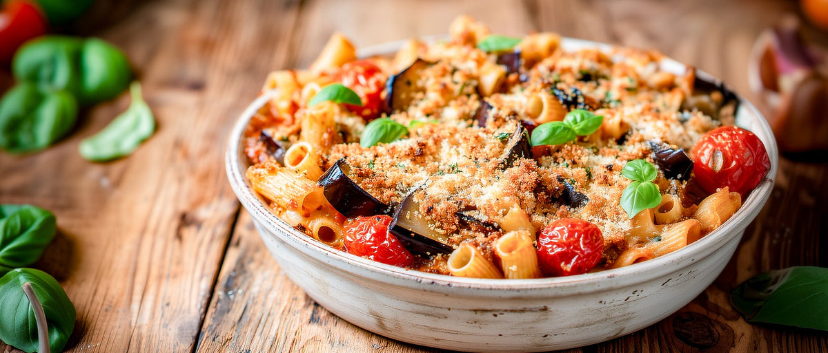 Auberginenpasta mit Ziegenkäse und Kräuterkruste