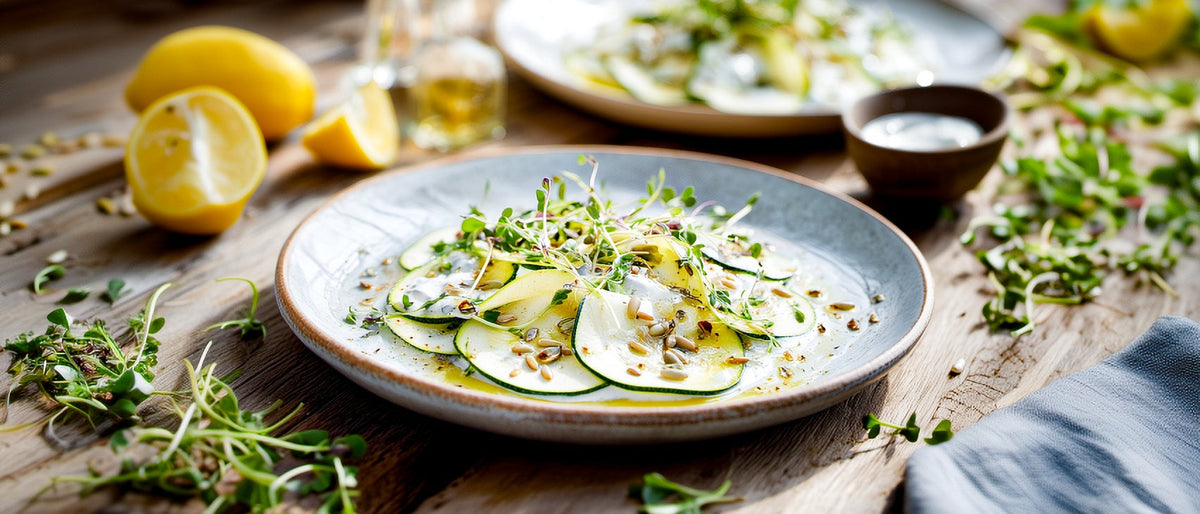 Zucchinicarpaccio mit Kräutercreme und Kresse