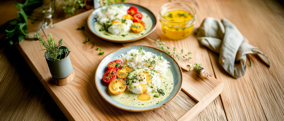 Pochierte Eier mit Kräutersoße