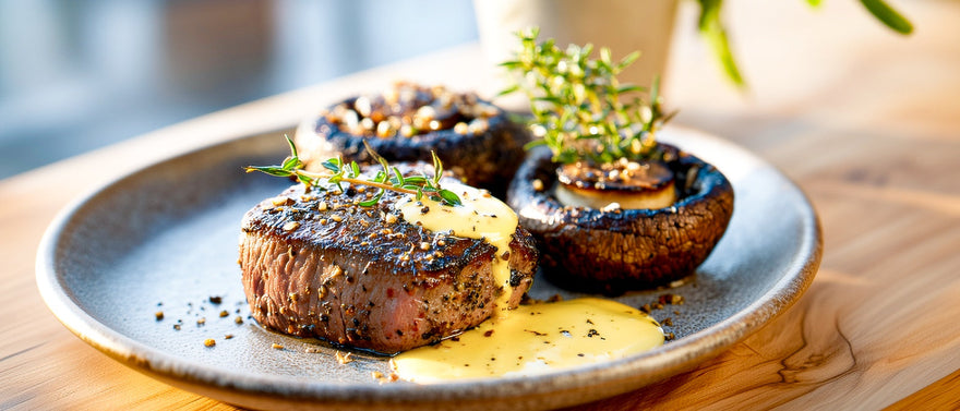 Pfeffersteak mit Pilzen vom Grill und Sauce Hollandaise