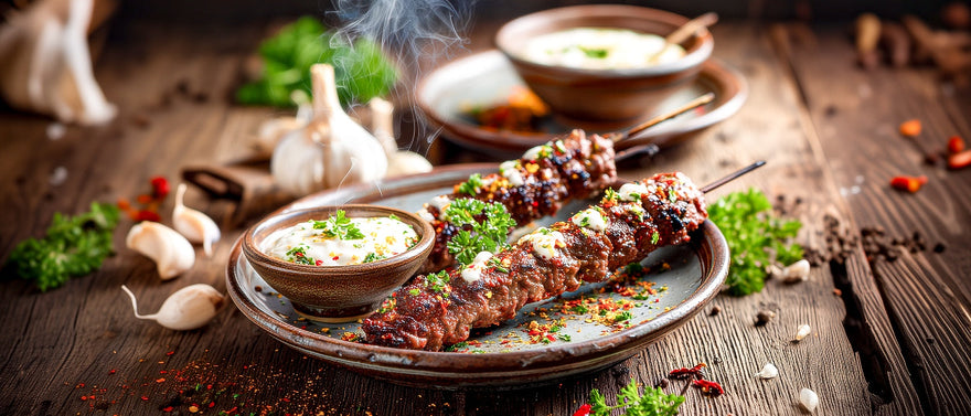 Würzige Hackfleisch-Grillspieße mit Knoblauchsoße