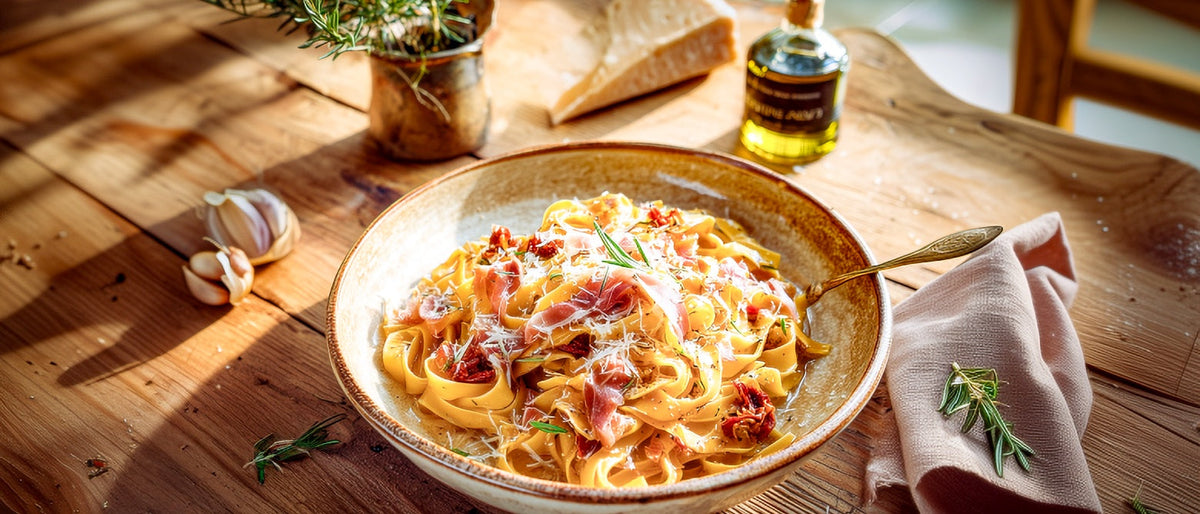 Pasta mit Parmaschinken, Pecorino und Steinpilzöl