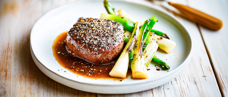 Pfeffersteak mit süß-sauren Frühlingszwiebeln