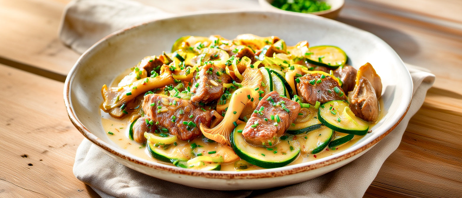 Pfifferling-Zucchinigemüse mit Minutenschnitzel vom Rind