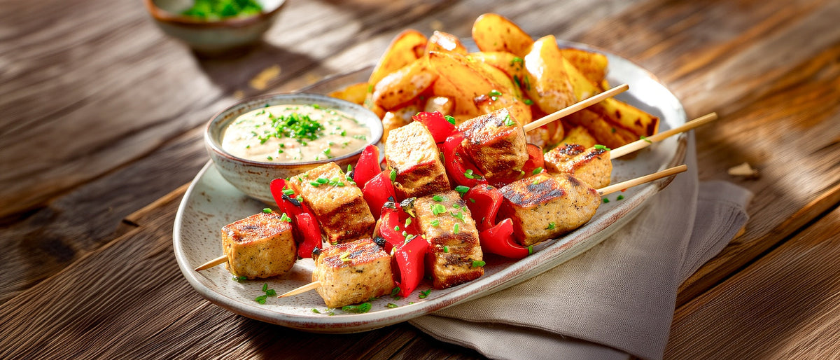 Tofu-Bratwurstspieß mit Meerrettich-Senfdip