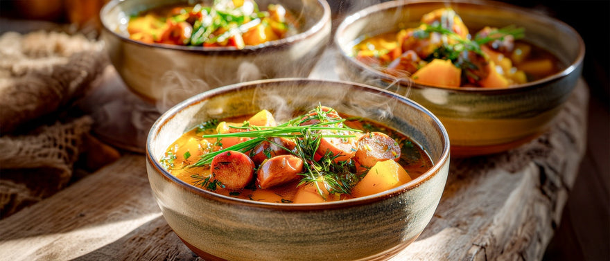 Klarer Kürbiseintopf mit Kartoffeln und Wienerle