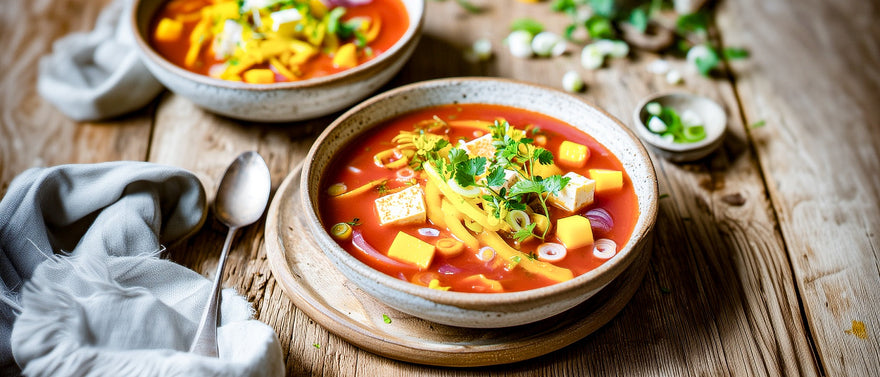 Vegane scharf-saure Tomatensuppe mit Tofu