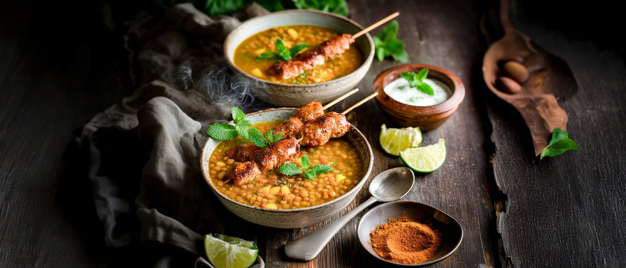 Curry-Linsensuppe mit Hühnerspießen