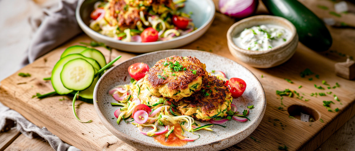 Zucchinifrikadellen mit Lauchsalat in Tomatendressing