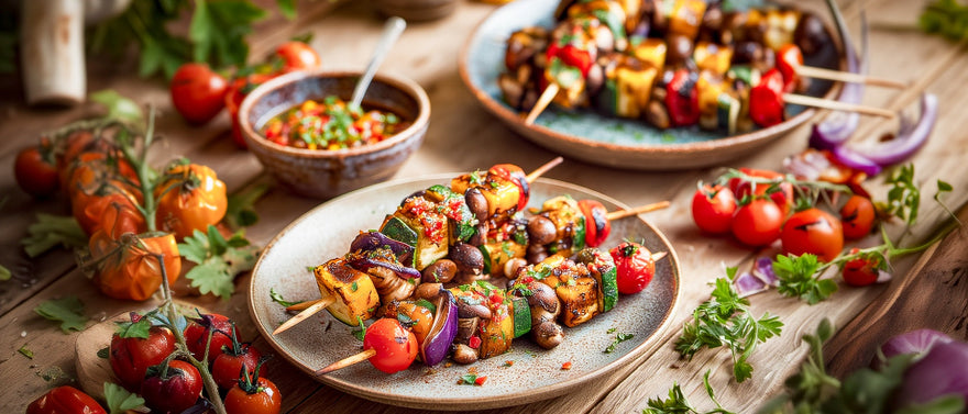 Gegrillte Gemüsespieße mit Tomaten-Paprikasalsa