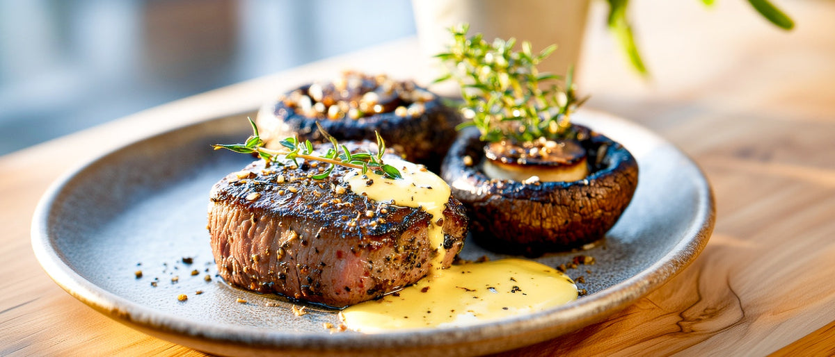 Pfeffersteak mit Pilzen vom Grill und Sauce Hollandaise