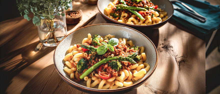Vegane Maccaroni mit Spargel-Bolognese