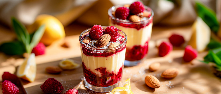 Zitronen-Joghurtcreme mit Himbeeren und Honigmandeln