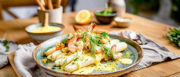 Ofenspargel mit Garnelen und Kräuter-Hollandaise