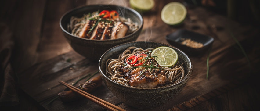 Geröstetes Schweinefleisch mit Sesamnudeln