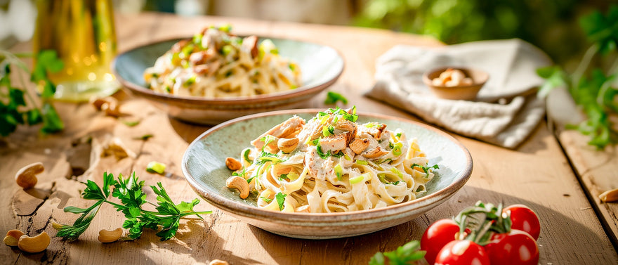 Lauchnudeln mit Cashewkernen und Hähnchenbrust