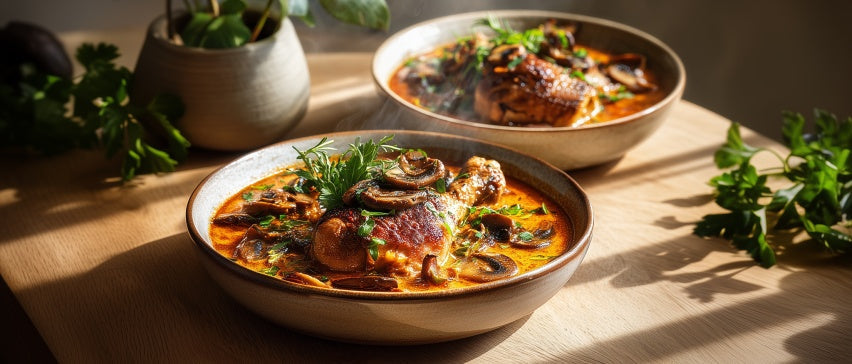 Kräuterhuhn mit Pilzen in cremiger Tomatensoße