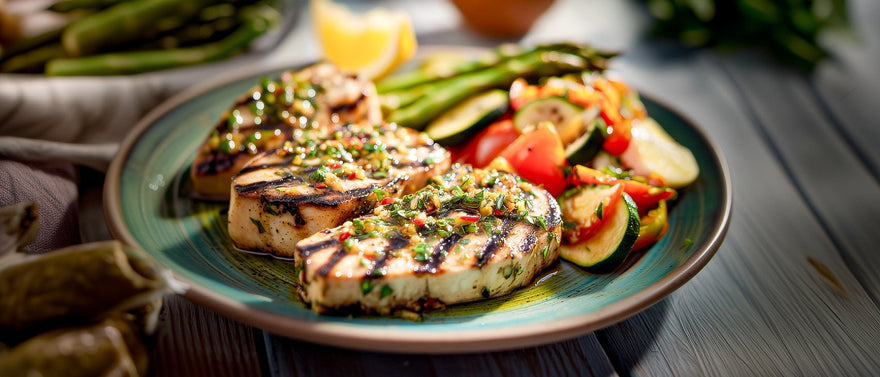 Gegrillter Schwertfisch mit Zitronenmarinade und Gemüsesalat