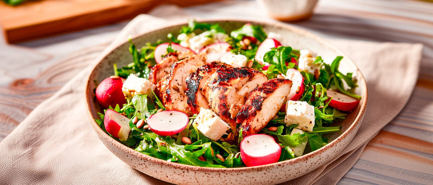 Gegrillte Hähnchenbrust auf Radieschen-Rauke-Salat