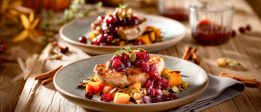 Putenmedaillons mit Cranberrysauce auf Gewürzkürbis