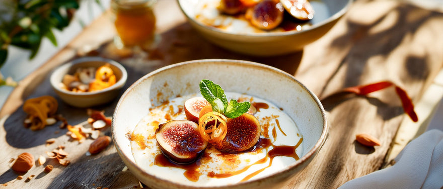 Honig-Portweinfeigen auf Orangen-Joghurt