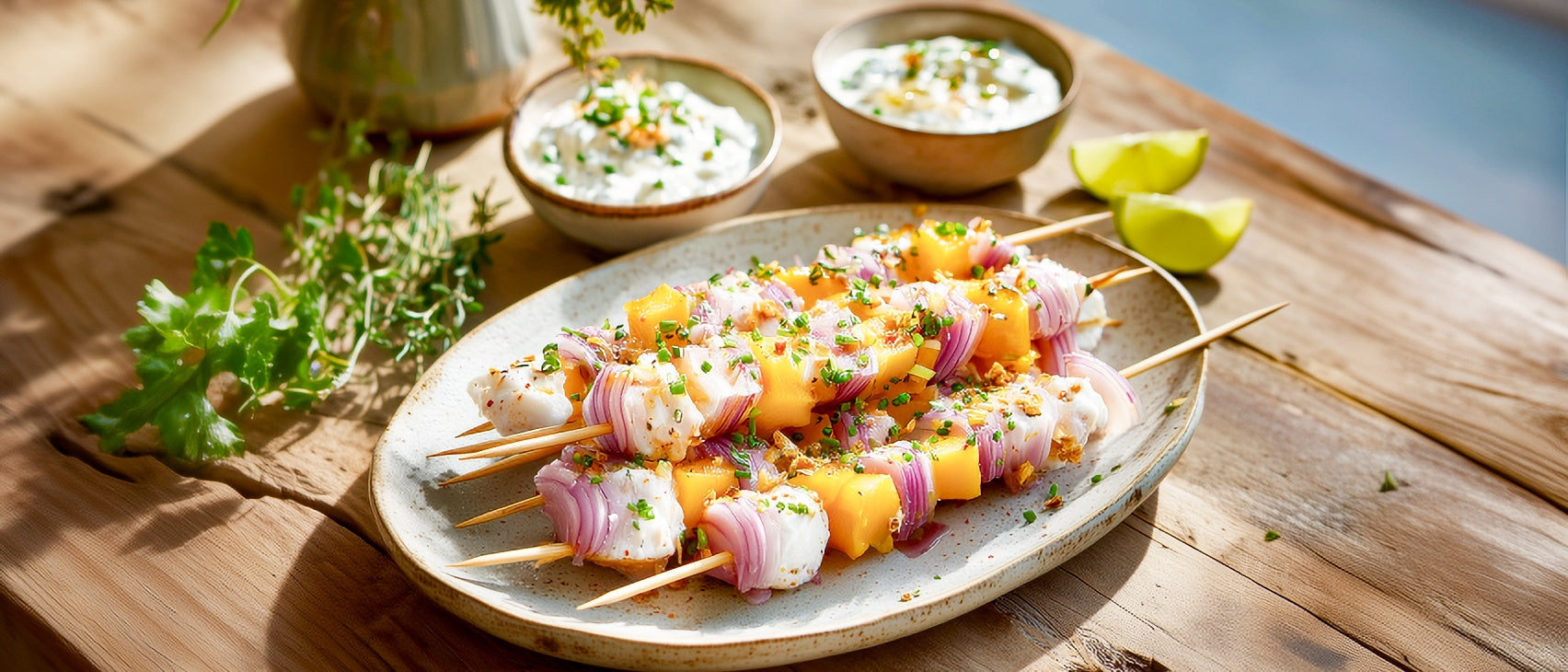 Matjes-Mango-Spieße mit würzigem Zwiebel-Dip