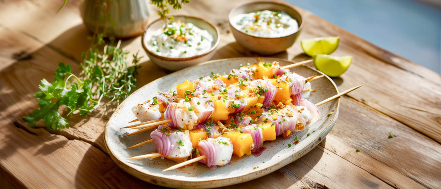 Matjes-Mango-Spieße mit würzigem Zwiebel-Dip