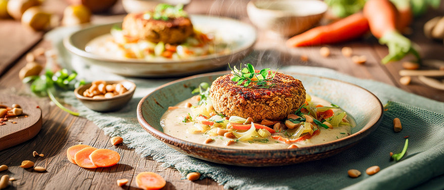 Tofu-Erdnuss-Burger auf Lauch-Karotten