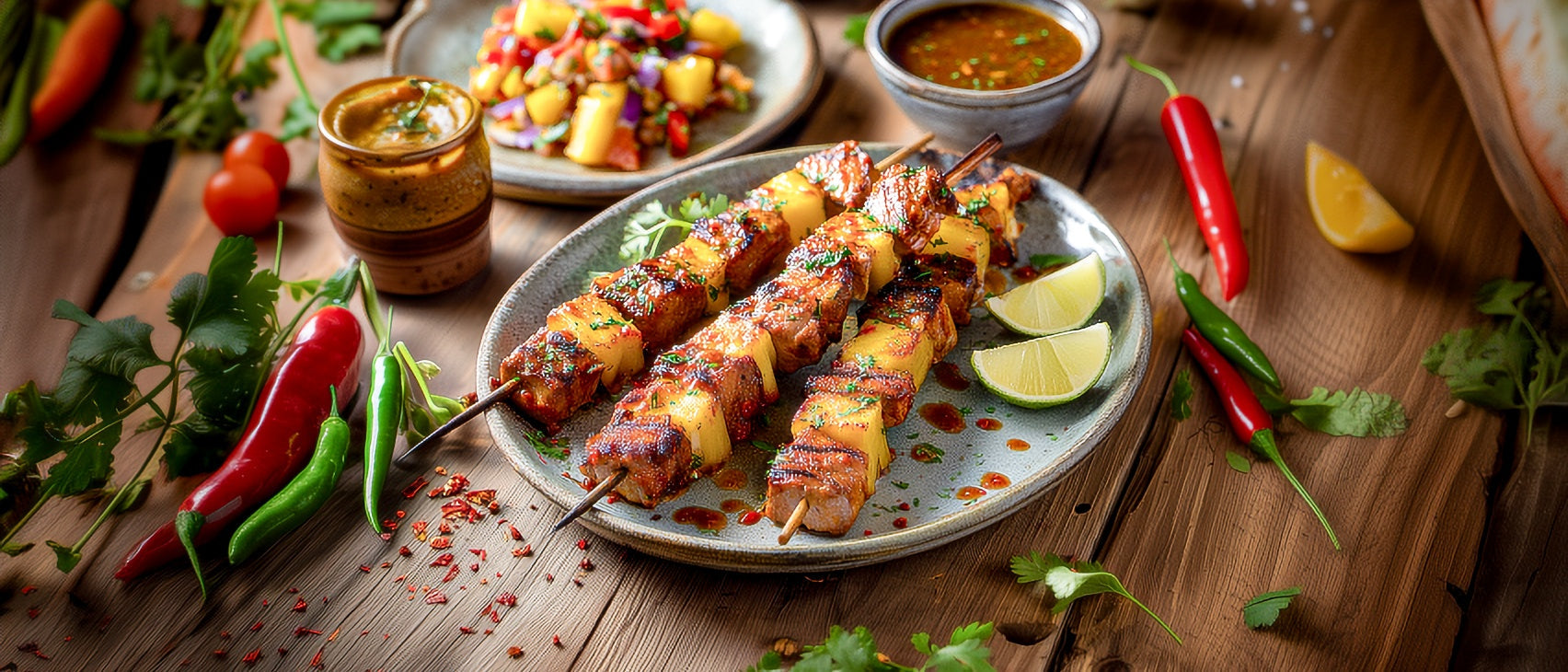 Schweinefilet-Ananas-Spieß mit kreolischer Soße