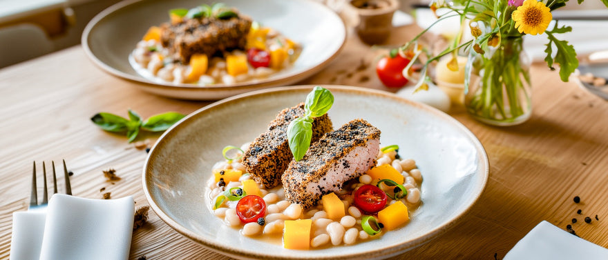 Thunfisch in der Pfefferkruste auf weißen Bohnen